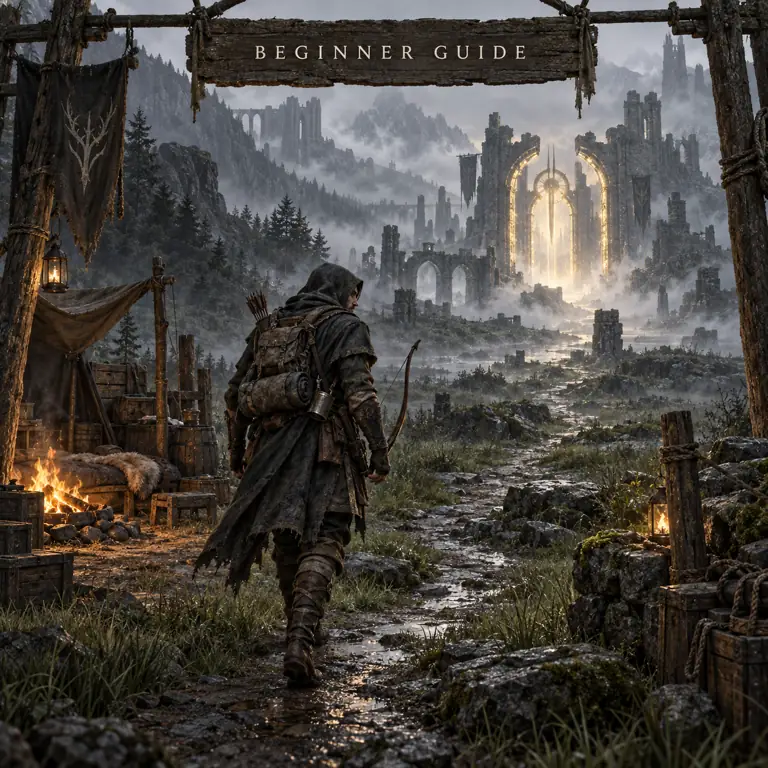Editorial concept of a Mistfall Hunter beginner leaving a camp for a glowing extraction gate
