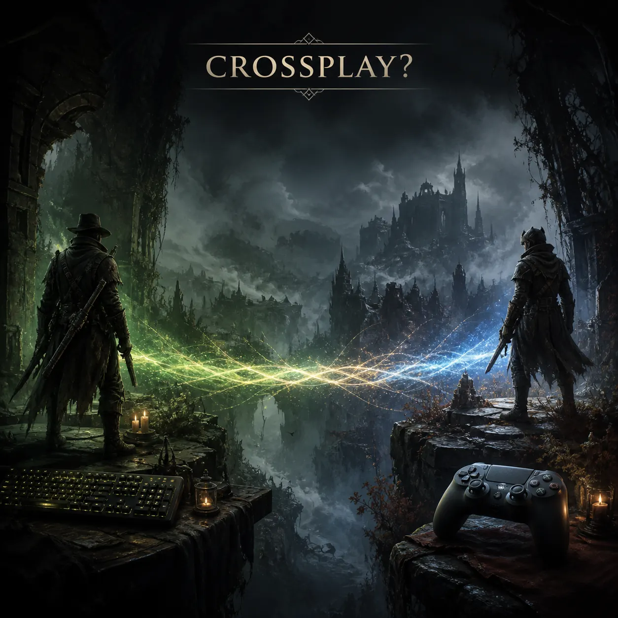 Editorial concept of two Mistfall Hunter players on PC and console sides connected across a dark fantasy landscape