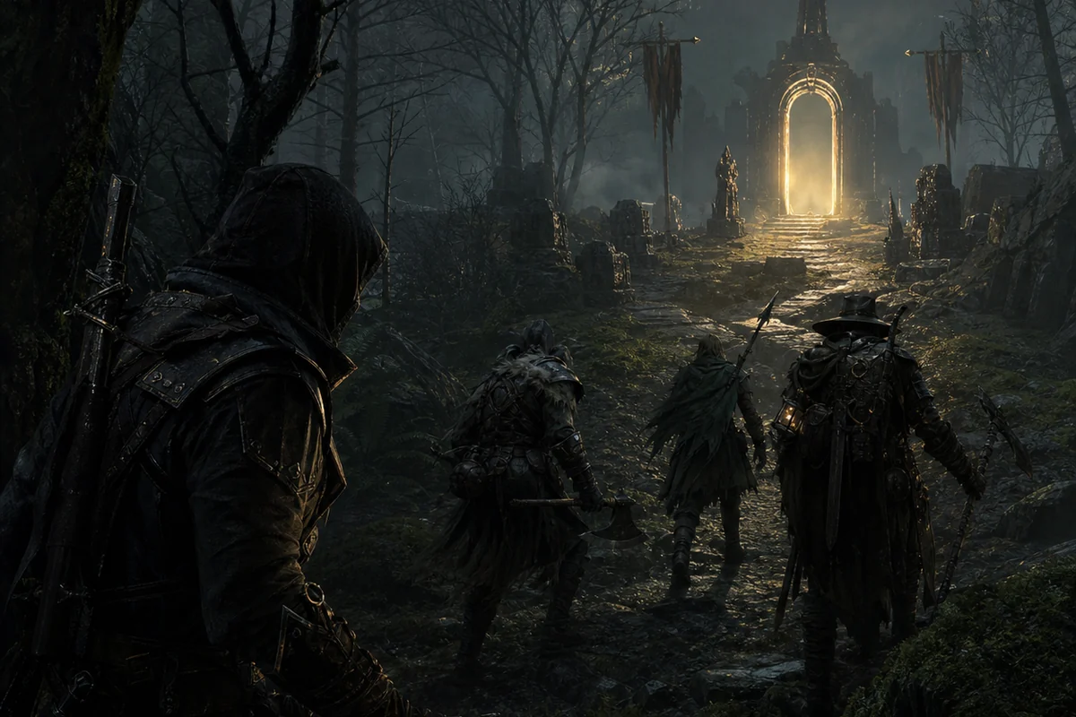 Independent concept image of Mistfall Hunter hunters moving through dark ruins toward a glowing extraction gate