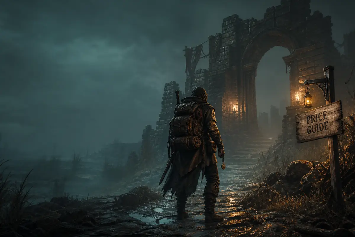 Editorial concept of a Mistfall Hunter expedition approaching a ruined gate with a price guide sign
