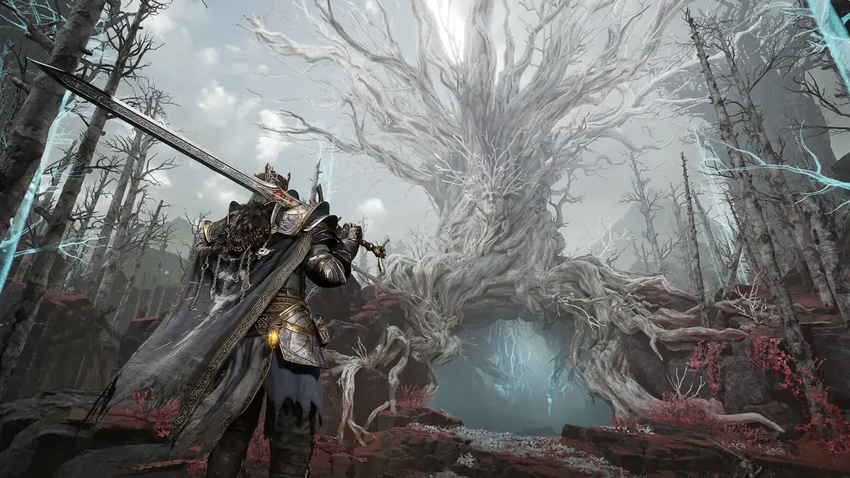 Official Mistfall Hunter Steam screenshot showing a hunter approaching a large tree-like enemy in combat