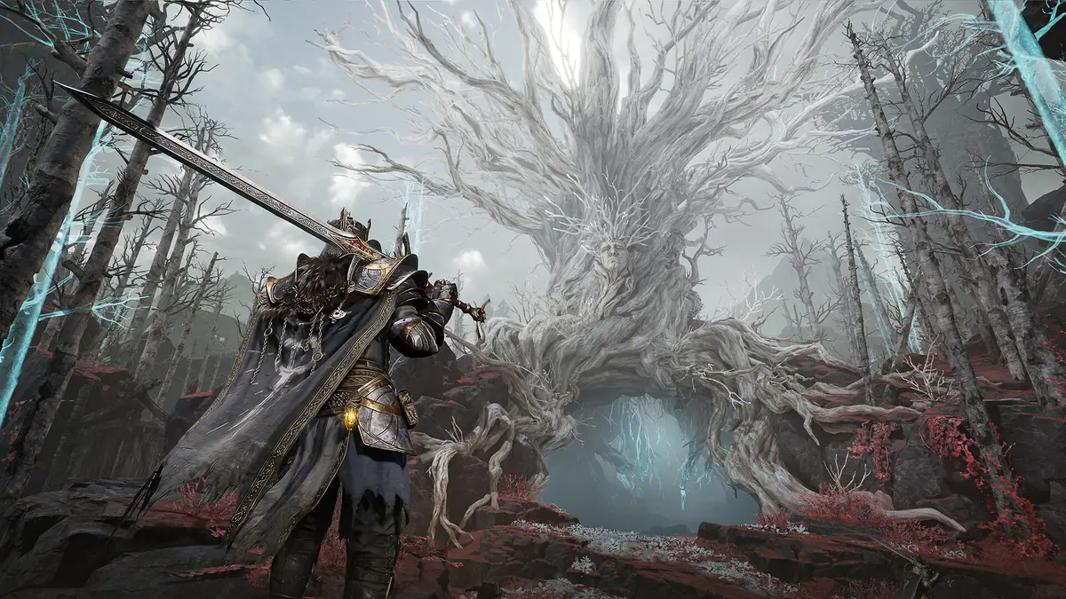 Official Steam screenshot showing a Mistfall Hunter hunter facing a large forest enemy