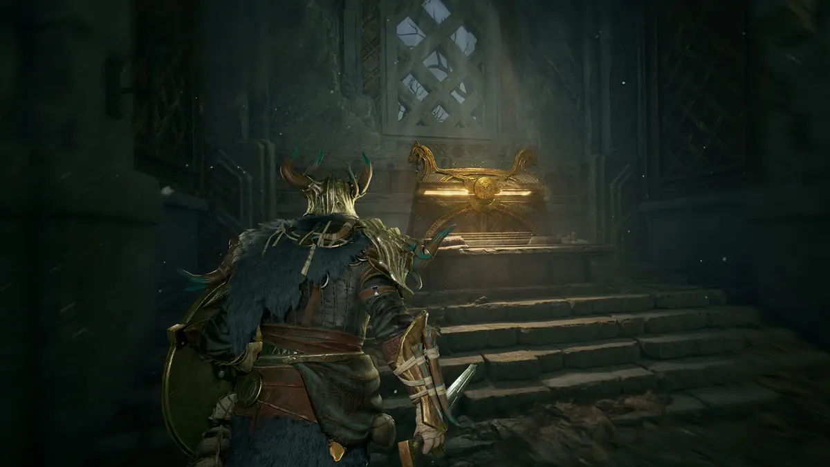 Official Steam screenshot of a Mistfall Hunter hunter approaching a glowing chest in a dark chamber